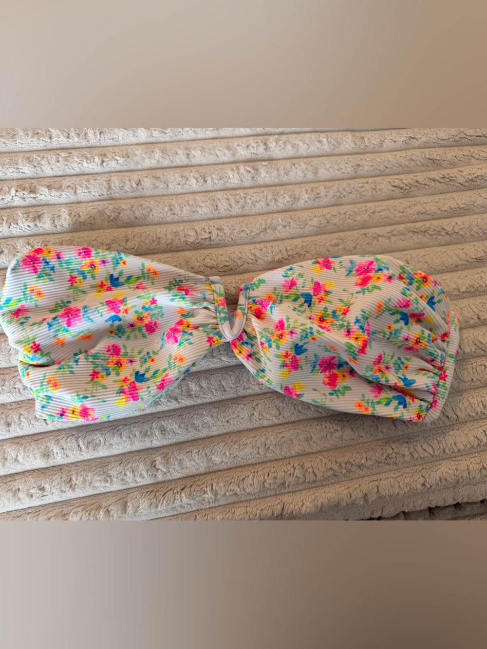Kulani Kinis White Bandeau Bikini Top with Neon Floral Print